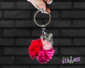 Hand Horns Fuzzy Keychain, Red & Pink Acrylic Keychain, Cute Keychain, Weird Keychain, Funny Keychain, Creepy Skeleton Keychain