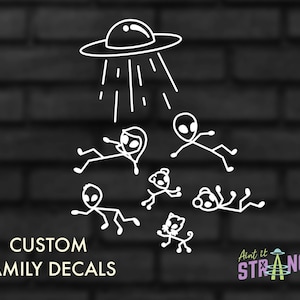 Alien Abduction Family Car Decals, UFO Car Stickers, Stick Figure Family, Funny Car Stickers, Weird Car Stickers, Cute Car Stickers image 1