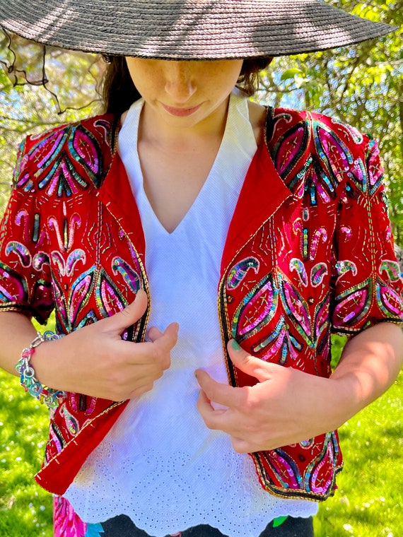 Cropped Beaded Cocktail Jacket in Red Silk - image 4