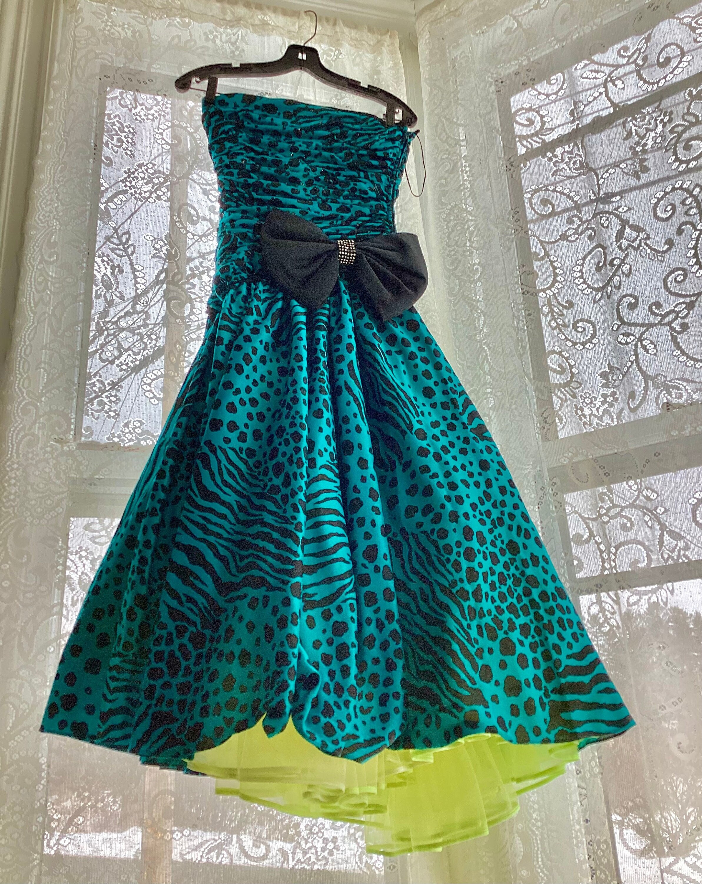 The Fun Elaine Animal Print in Bold Turquoise Party Dress 1980s