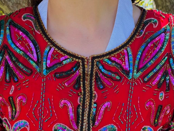 Cropped Beaded Cocktail Jacket in Red Silk - image 3