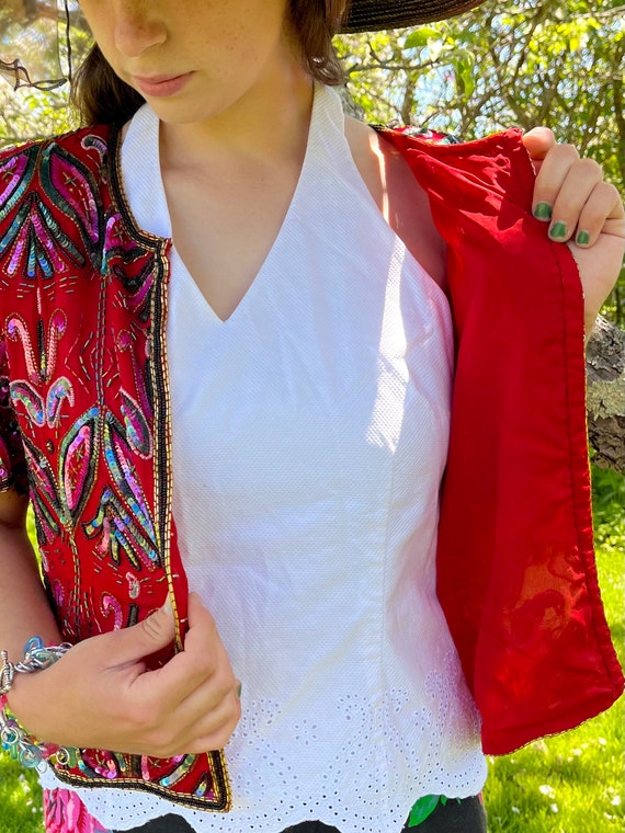 Cropped Beaded Cocktail Jacket in Red Silk - image 9