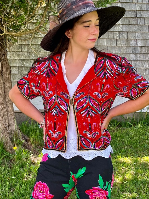 Cropped Beaded Cocktail Jacket in Red Silk - image 1