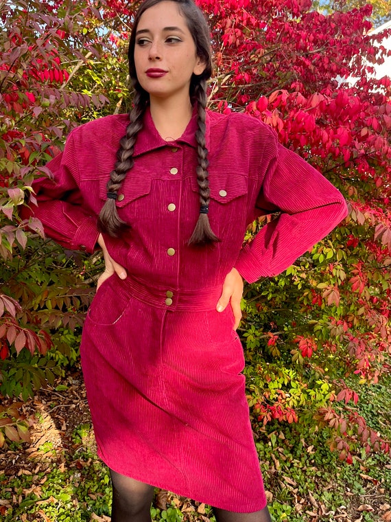 Cranberry Corduroy Jean Dress  1980s