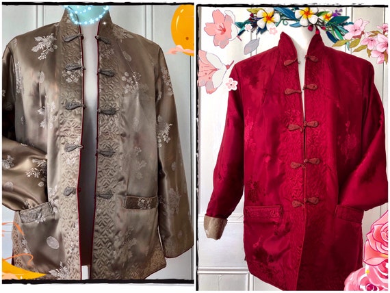 Chinese Quilted Jacket Reversible in Deep Red and Silvery Taupe