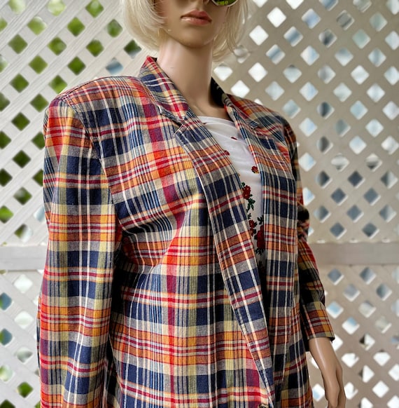 1980s Linen Madras Plaid Oversized Blazer by Liz W