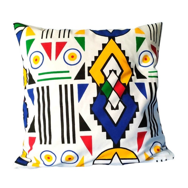 Fodera per cuscino in tessuto africano, bianco, blu, giallo, rosso, African Wax, Ankara.
