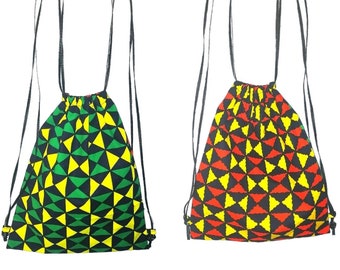 Double-sided African fabric backpack bag - African Wax - Ankara - Red/Yellow/Green