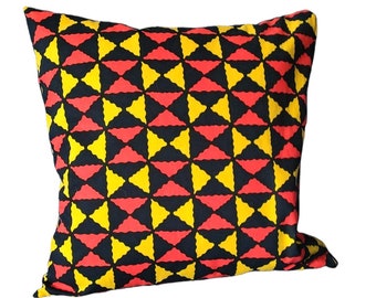 Housse de coussin en tissu africain, rouge, jaune, noir, cire africaine, Ankara.