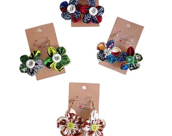 Boucles d'oreilles pendantes en tissu africain - modèle fleur - Style Ethnique - Wax Africain - Ankara