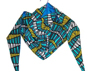 Unisex lightweight scarf in African fabric, turquoise/yellow, African Wax, Ankara.