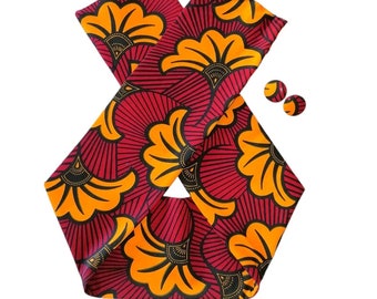 Fascia per capelli modellabile in tessuto africano + orecchini a bottone - Fleurs de Mariage rosso/giallo - African Wax - Ankara.