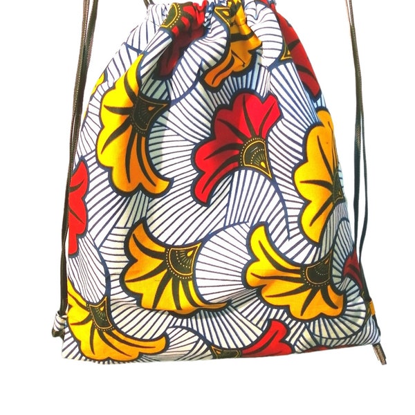 Rucksacktasche aus afrikanischem Stoff - African Wax - Ankara - Fleurs de Mariage Rot / Gelb