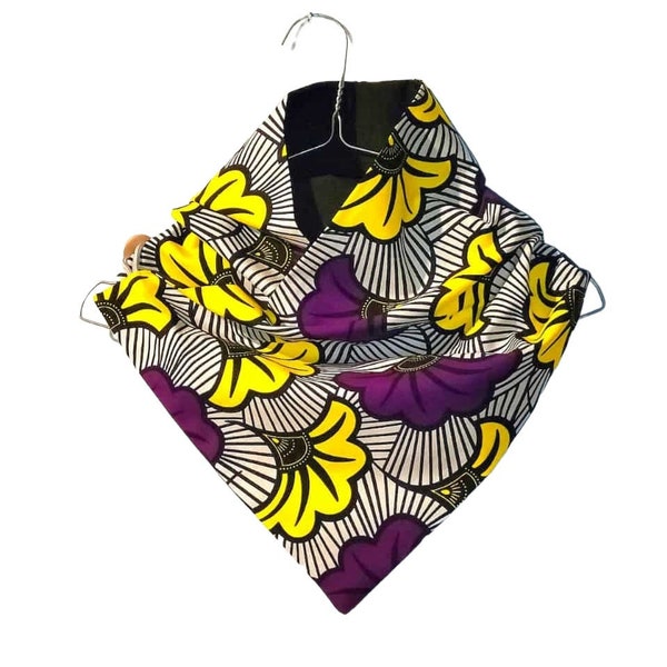 Foulard/cache-cou en tissu africain - doublure en coton ou polaire - fleurs de mariage - Jaune/Violet - Cire africaine, Ankara.