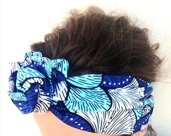 Bandeau moulable en tissu africain - fleuri bleu/blanc - Wax Africain - Ankara.