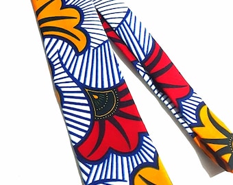 Cravatta in tessuto africano - African Wax / Ankara - Fleurs de Mariage- Rosso/Giallo