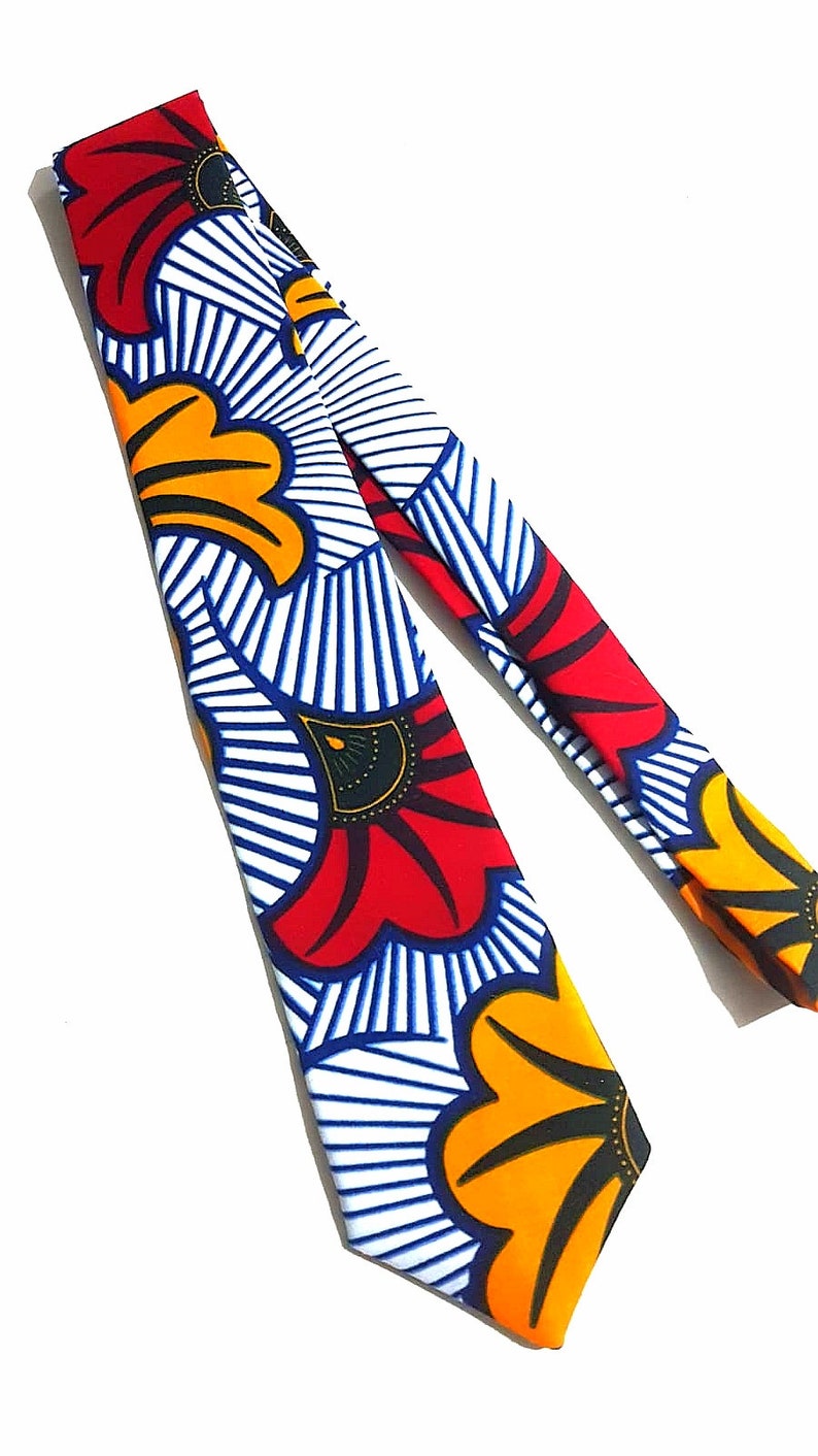 Cravate en tissu africain African Wax / Ankara Fleurs de Mariage Rouge/Jaune image 1