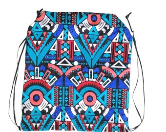 African Fabric Backpack - African Wax - Ankara - geometric pattern, bogolan - unisex - blue, light blue, salmon pink.