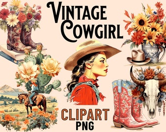 Vintage Cowgirl PNG Clipart, Western Horses Retro Clip Art Bundle, Wild West Clip Art, Cowgirl Aesthetic PNG archivos, Cowboy Boots Clip-Art