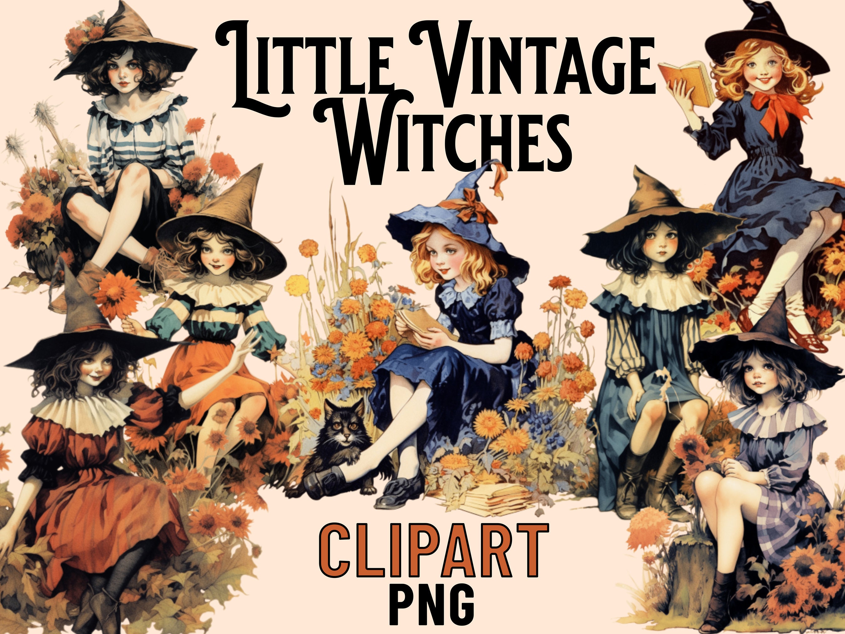 Vintage Witch Clipart, Witches Halloween Retro PNG, Magic Clip Art