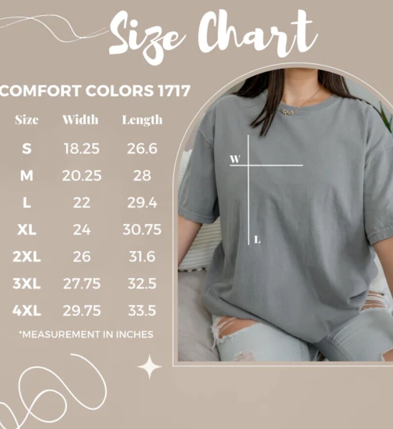 May include: Size chart for t-shirts in sizes S to 4XL. The chart shows the width and length measurements in inches for each size. The text "COMFORT COLORS 1717" is at the top of the chart.