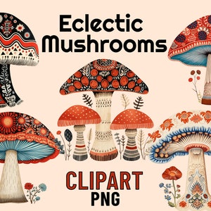 Vintage Mushroom PNG Clipart, Eclectic Clip Art Bundle, Mushroom Clip Art, Cottagecore Aesthetic PNG files, Kilim Mushrooms Clip-Art