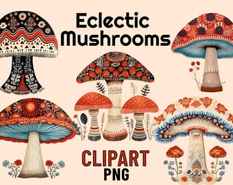 Vintage Mushroom PNG Clipart, Eclectic Clip Art Bundle, Mushroom Clip Art, Cottagecore Aesthetic PNG files, Kilim Mushrooms Clip-Art