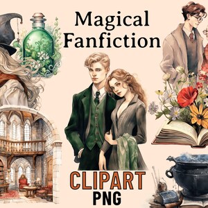 Fanfiction Clipart, Magic Academy PNG Bundle, Wizard School Clip Art, Witchcraft Clipart, Magical Witch PNGs, Bookworm Clipart