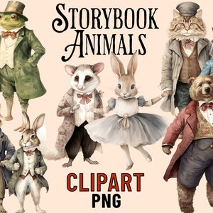Clipart de animais de livro de histórias, clipart de conto de fadas vintage, PNGs de animais, clipart de festa de aniversário de animais, coelho, coelho, sapo, gambá, guaxinim