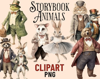 May include: A set of eight whimsical animal illustrations in a vintage style. The animals are dressed in human clothing and include a frog, raccoon, rabbit, cat, bear, bird, and two mice. The illustrations are perfect for adding a touch of whimsy to any project.