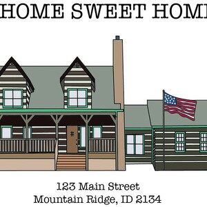 Puede incluir: Una ilustración de dibujos animados de una cabaña de troncos marrón con un techo verde, un porche y una bandera estadounidense. El texto "HOME SWEET HOME" está en la parte superior de la imagen. La dirección "123 Main Street, Mountain Ridge, ID 2134" está en la parte inferior de la imagen.