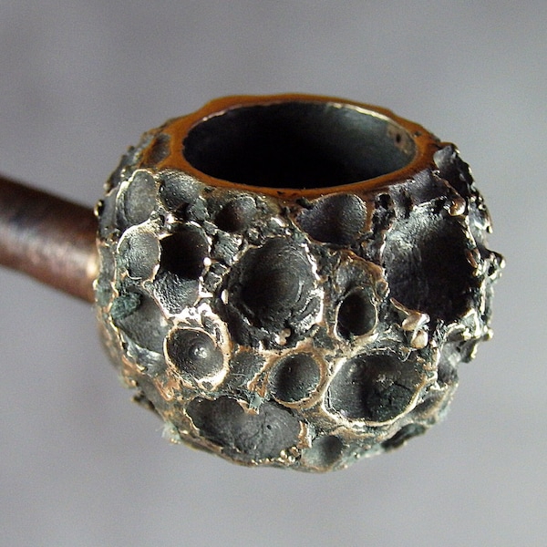 Meteorite smoking pipe, creative handcrafted bronze set, unique gift for smoker, smoky souvenir from space, present to amateur astronomer