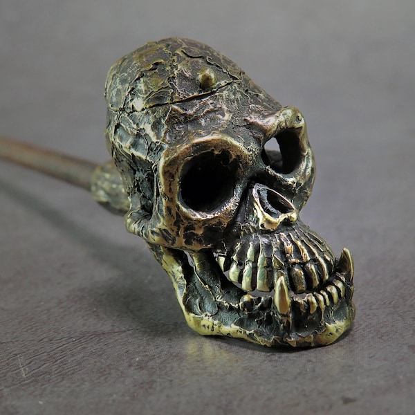 Ancestor skull pipe with lid, creative handmade smoking set, custom bronze souvenir, miniature bones of missing link, funny gift for nerds
