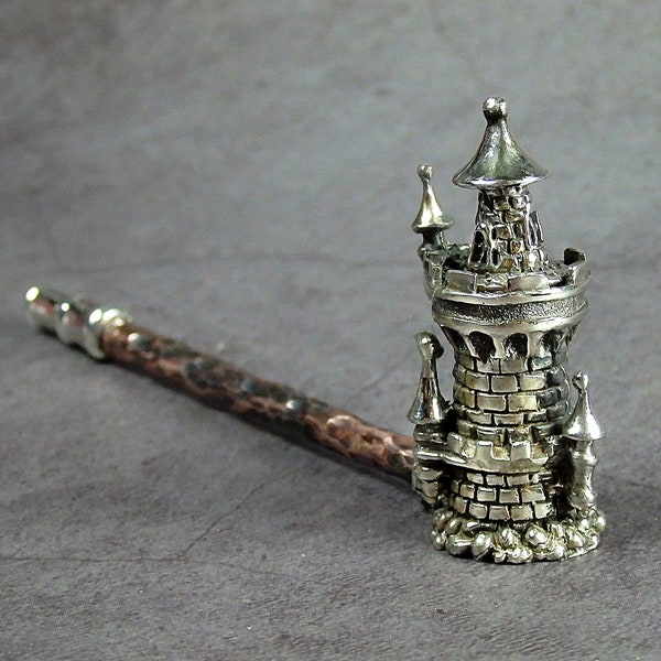 Silver Tower smoking pipe with lid, creative handmade silver medieval Castle, handcrafted jewelry set for fans of historical reenactmenta