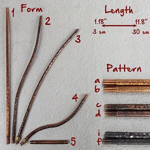 May include: Copper-colored metal rods in various forms and patterns. The image shows rods with different bends and textures, with lengths ranging from 1.18 inches (3 cm) to 11.8 inches (30 cm). The rods have threaded ends.