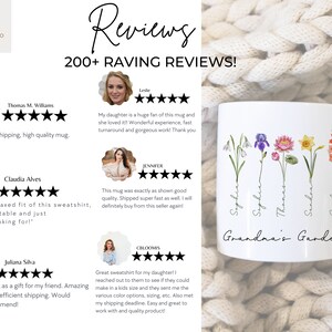 May include: White ceramic mug with a floral design and the text "Grandma's Garden". Five flowers are depicted with the names "Sophia", "Sophia", "Thomas", "Sandra", and "Sandra" written below each flower.