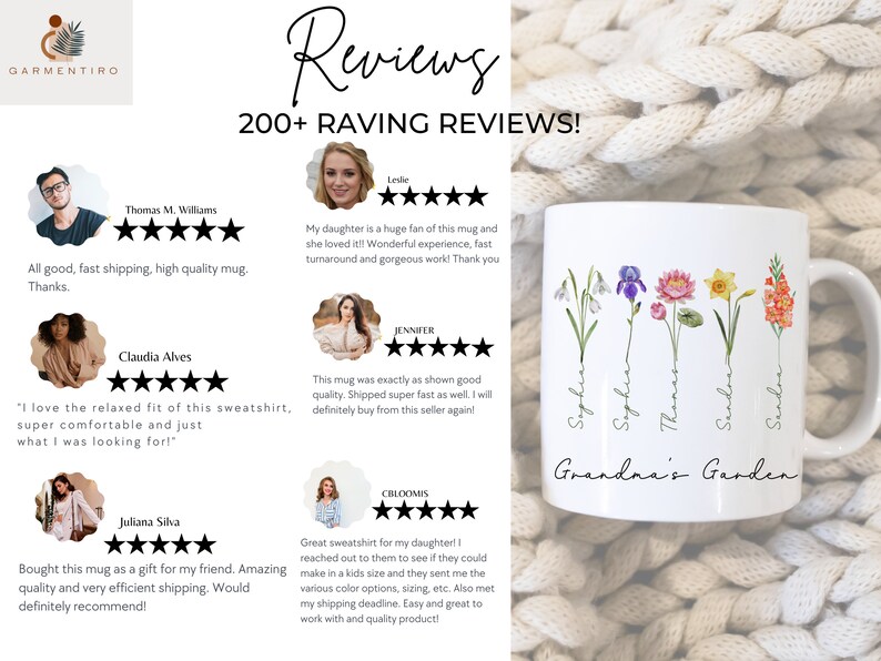 May include: White ceramic mug with a floral design and the text "Grandma's Garden". Five flowers are depicted with the names "Sophia", "Sophia", "Thomas", "Sandra", and "Sandra" written below each flower.