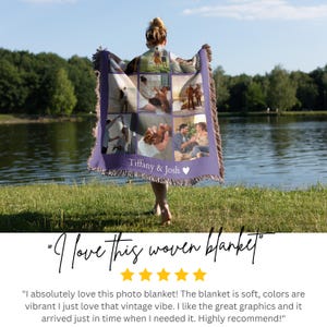 May include: A purple woven photo blanket with a fringe border. The blanket features a collage of nine photos of a couple and their dog. The text "Tiffany & Josh" is printed on the blanket.