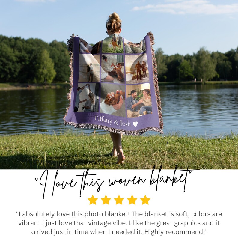 May include: A purple woven photo blanket with a fringe border. The blanket features a collage of nine photos of a couple and their dog. The text "Tiffany & Josh" is printed on the blanket.