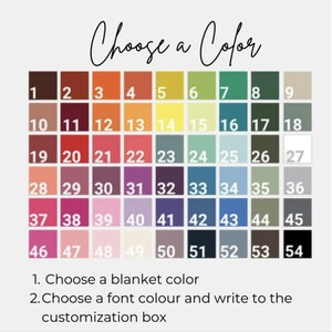 May include: A colour chart with 54 different colour swatches numbered 1 through 54. Choose a blanket colour and a font colour for customization.