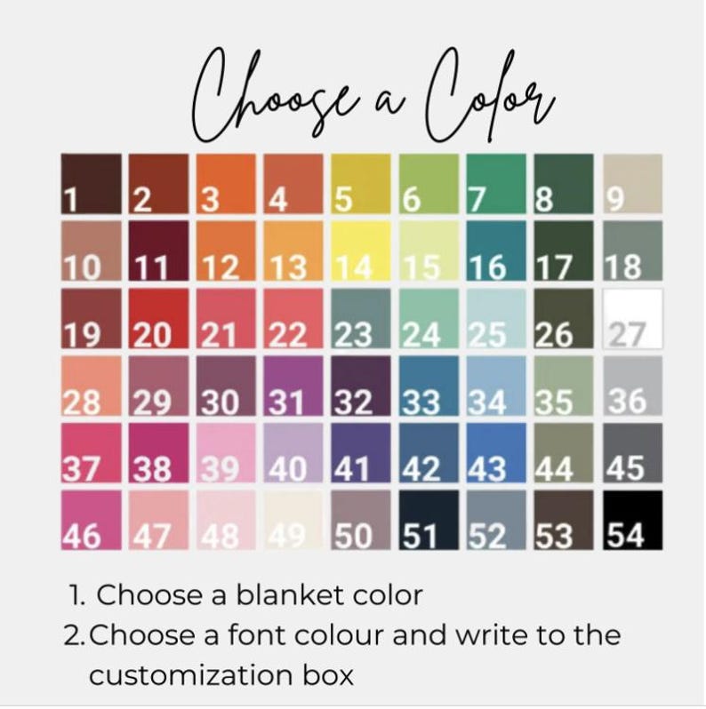 May include: A colour chart with 54 different colour swatches numbered 1 through 54. Choose a blanket colour and a font colour for customization.