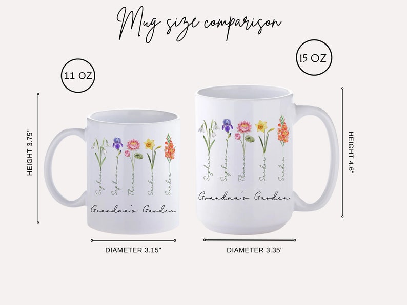 May include: Two white ceramic mugs with floral designs and personalized names. The mug on the left is 11 ounces and 3.75 inches tall with a 3.15 inch diameter. The mug on the right is 15 ounces and 4.6 inches tall with a 3.35 inch diameter. Both mugs have the text "Grandma's Garden" printed on them.