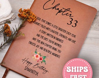 33rd Birthday Gift for Her Personalized Journal, 33 Years Old Custom Name Vegan Leather Notebook, Turning Thirty-Three Gift