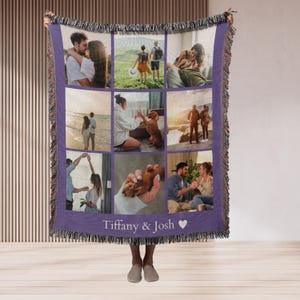 May include: A purple woven throw blanket featuring a collage of nine photographs of a couple and their dog. The blanket has a fringed border and the text "Tiffany & Josh" with a heart symbol at the bottom.