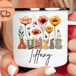 Wildflowers Enamel Mug for Auntie, Personalized Auntie Mug, Custom Gift for Aunt, Gift Idea, Birthday Gift for Auntie, New Aunt Gifts