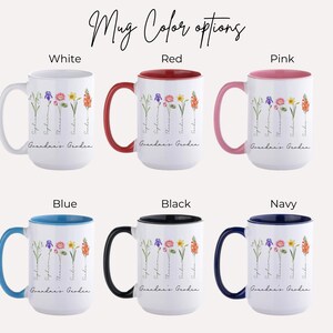 May include: Six different color options for a white ceramic mug with a floral design and the text "Grandan's Garden". The mug colors are white, red, pink, blue, black, and navy.