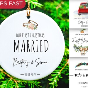 May include: White ceramic Christmas ornament with the text "Our First Christmas Married" and the names "Brittany & Simon" and the date "01.01.2023".