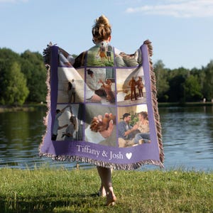 May include: A purple woven throw blanket with a collage of photos featuring a couple and their dog. The blanket has the text "Tiffany & Josh" and a heart symbol.