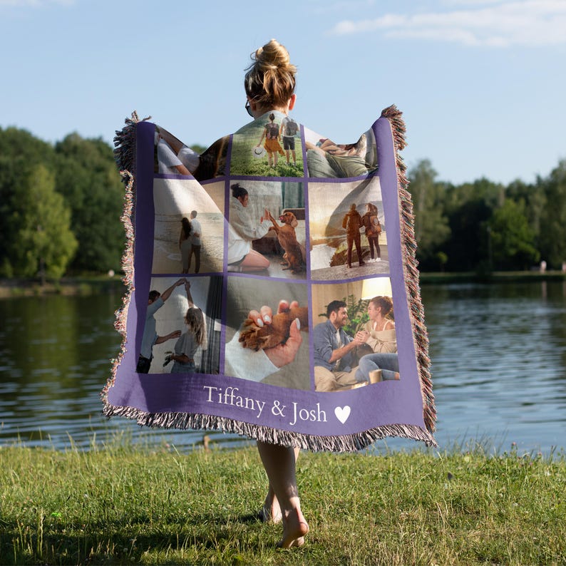 May include: A purple woven throw blanket with a collage of photos featuring a couple and their dog. The blanket has the text "Tiffany & Josh" and a heart symbol.