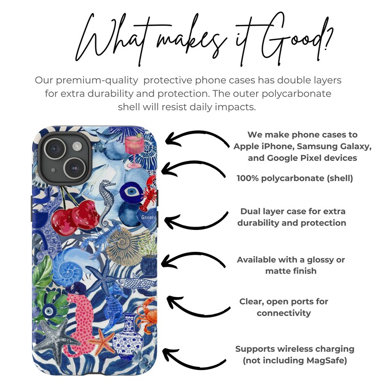 May include: A colourful phone case with a blue and white background featuring seahorses, seashells, cherries, and an evil eye. The case is made of durable polycarbonate and has a dual layer design for extra protection. It is compatible with wireless charging, excluding MagSafe.
